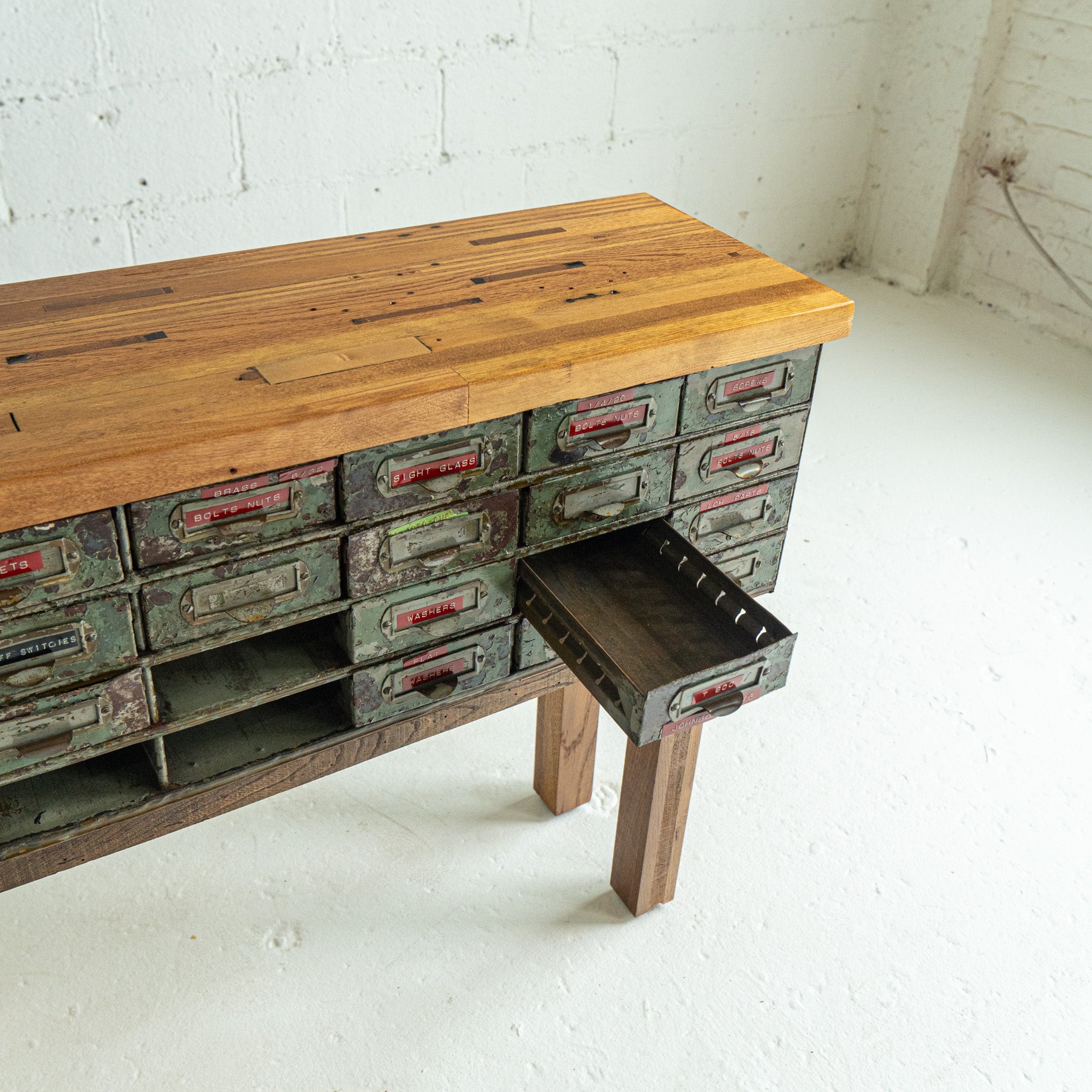 Industrial multi cabinet metal brass and pine reclaimed wood