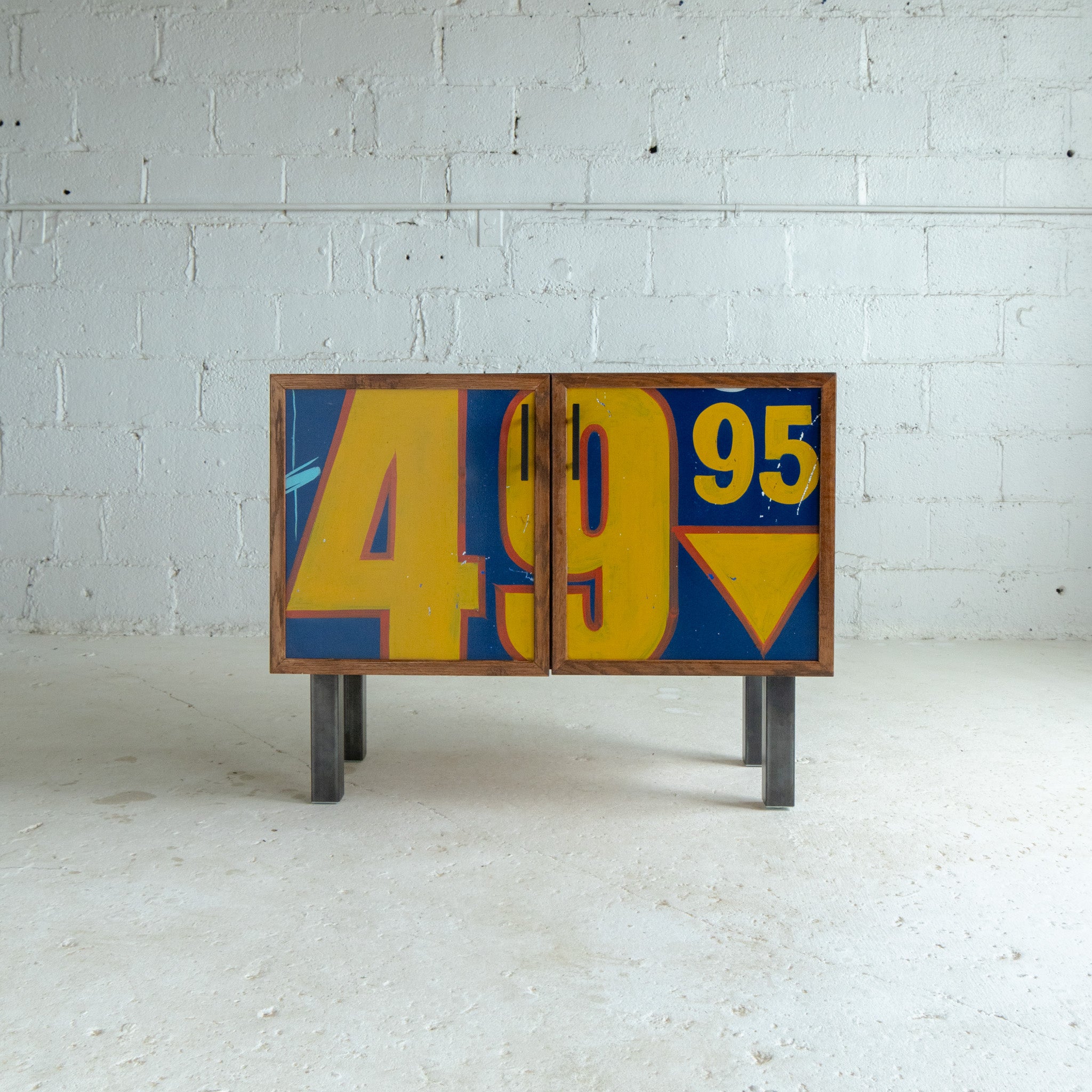 PS III Air con 2 front view reclaimed wood handprinted blue and yellow sign