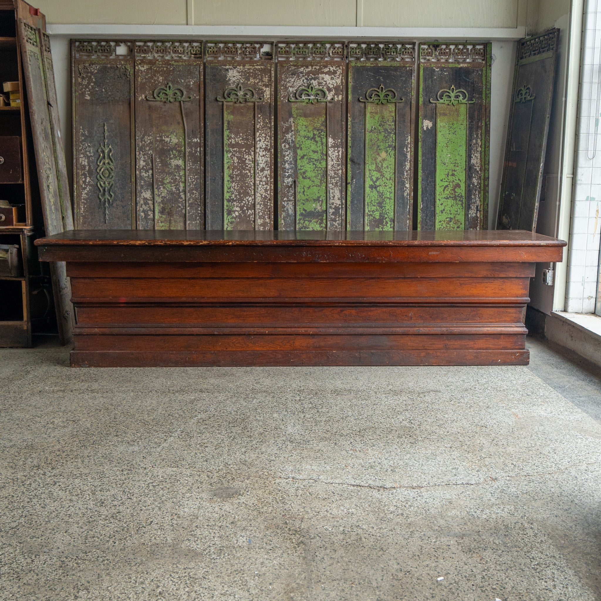 Detroit pharmacy counter front view reclaimed wood