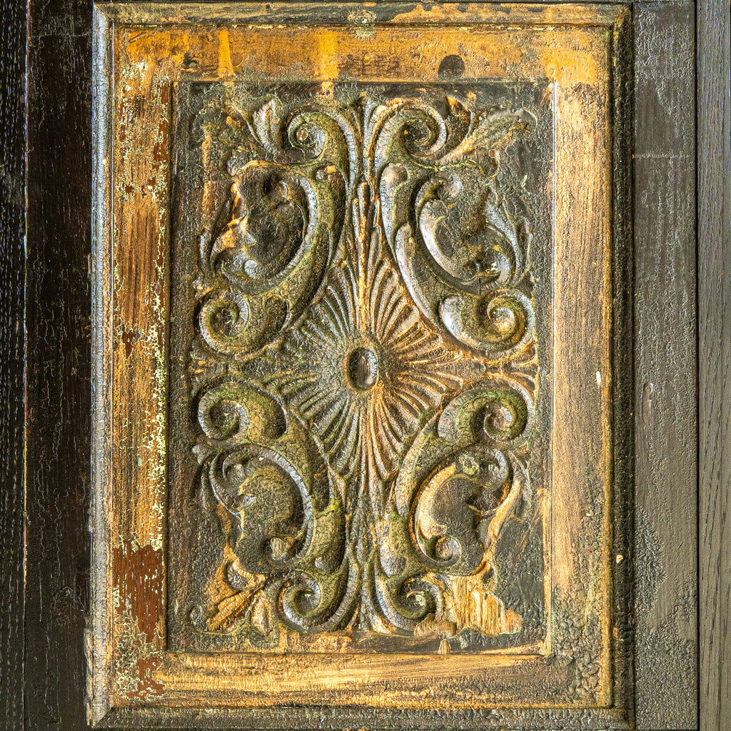 carved oak credenza detail view