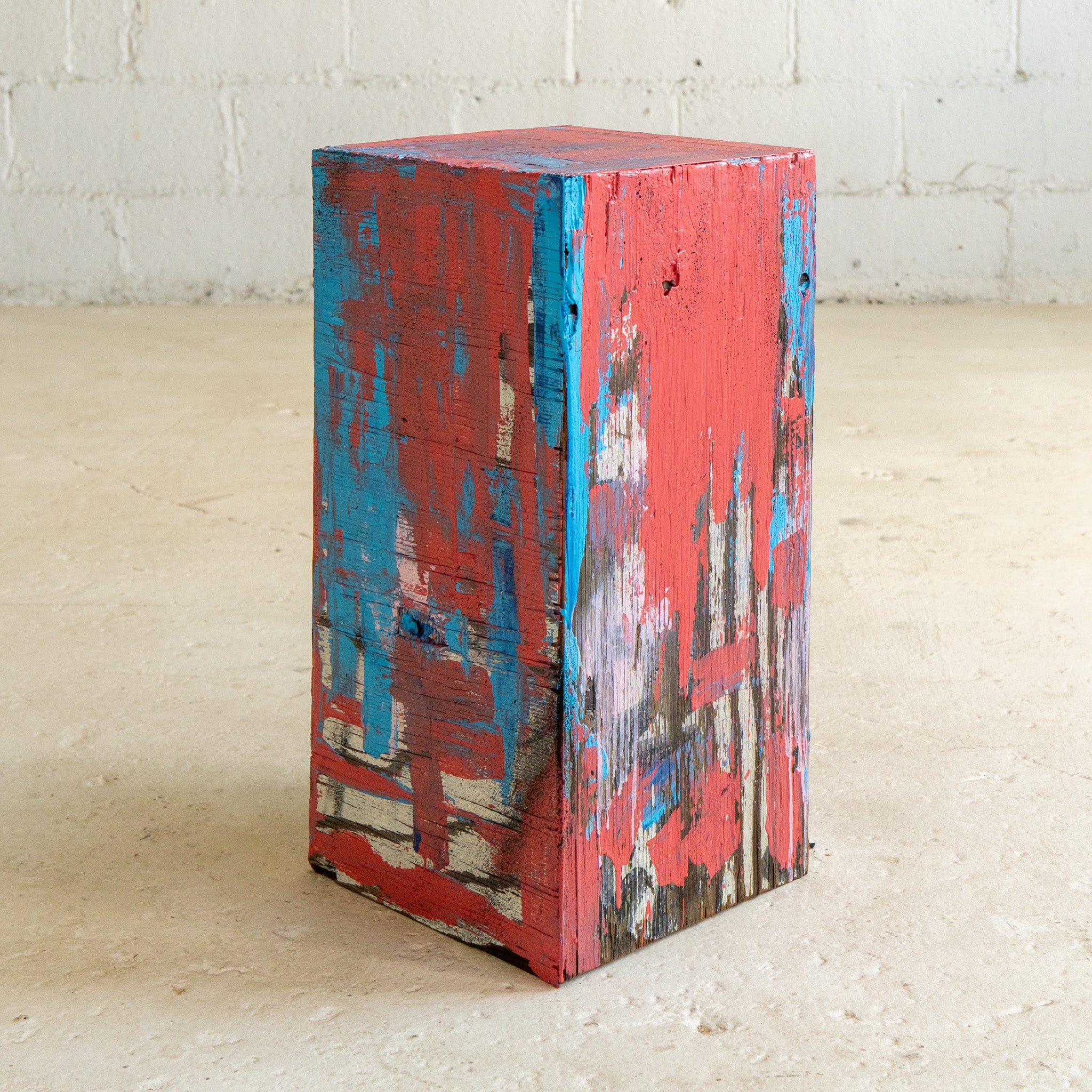 PS III End Table multi colored salvaged plywood 