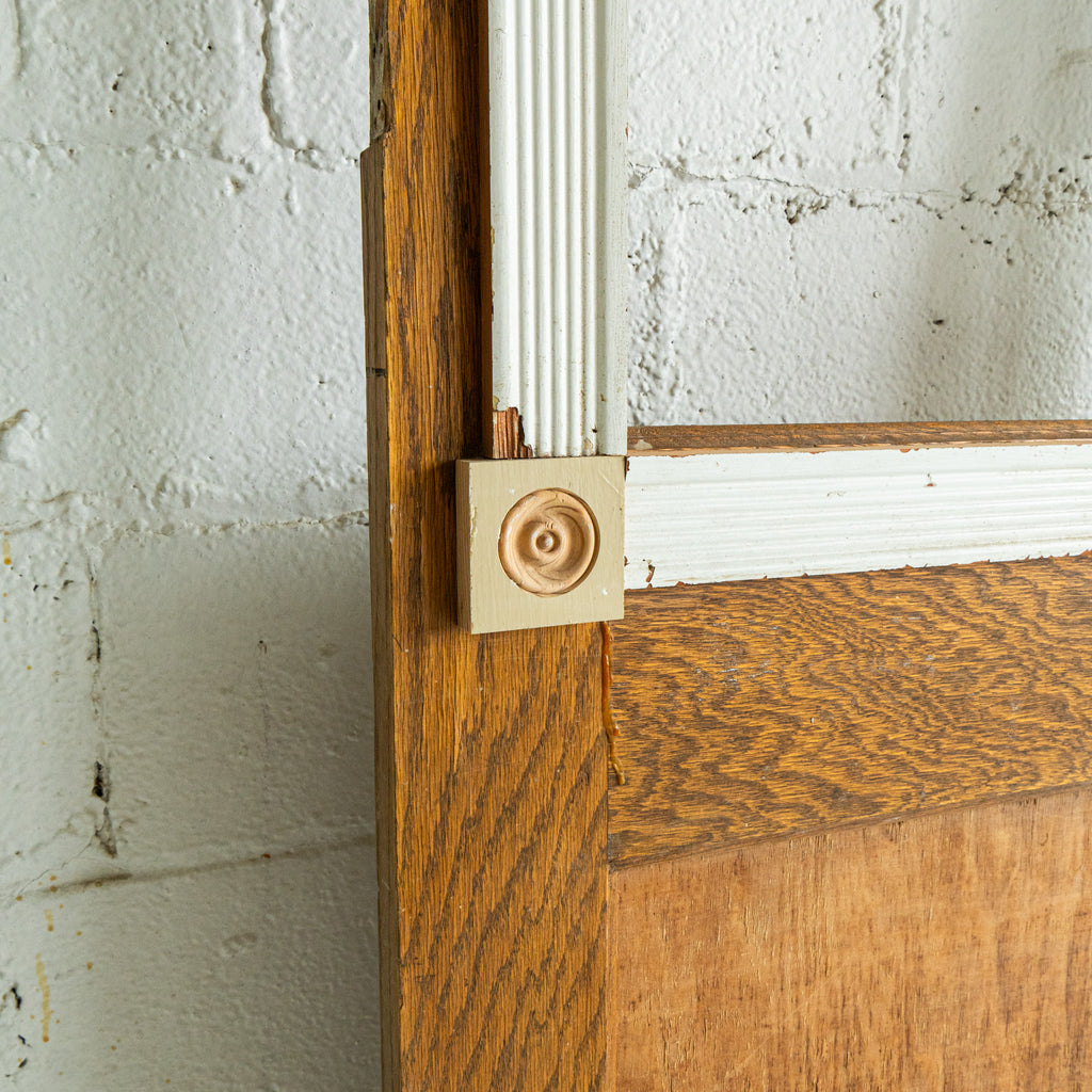 vintage utility interior door with rosettes reclaimed wood close up view