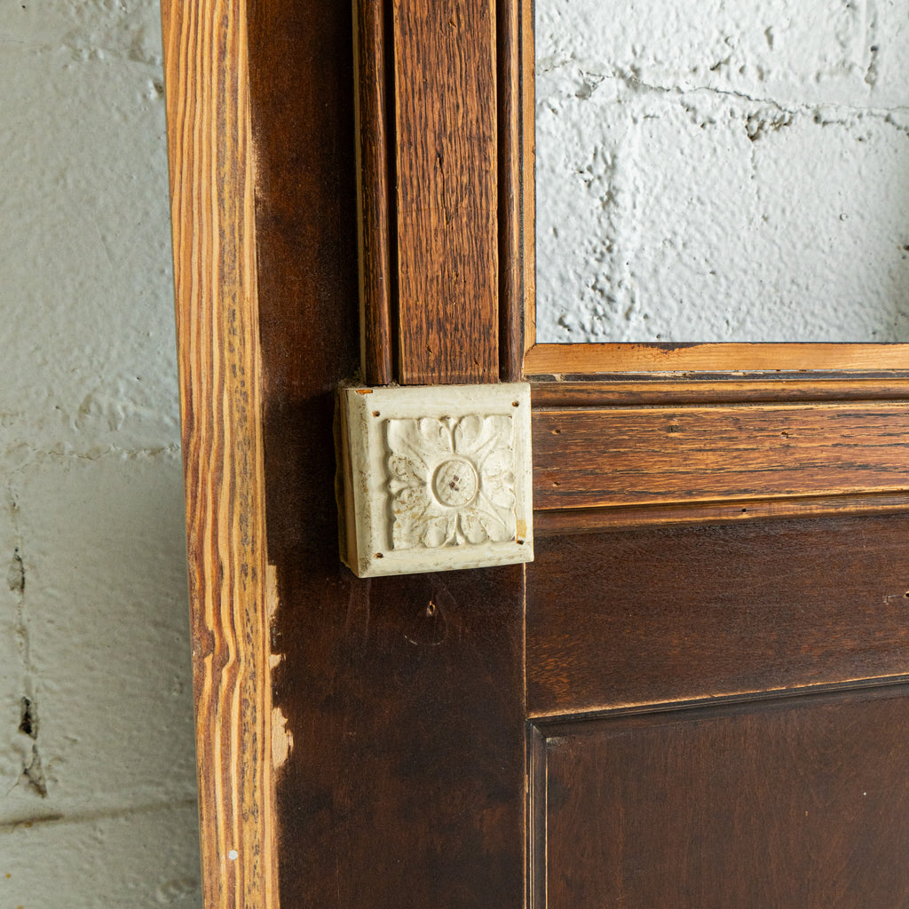 vintage utility interior door with rosettes reclaimed wood close up view