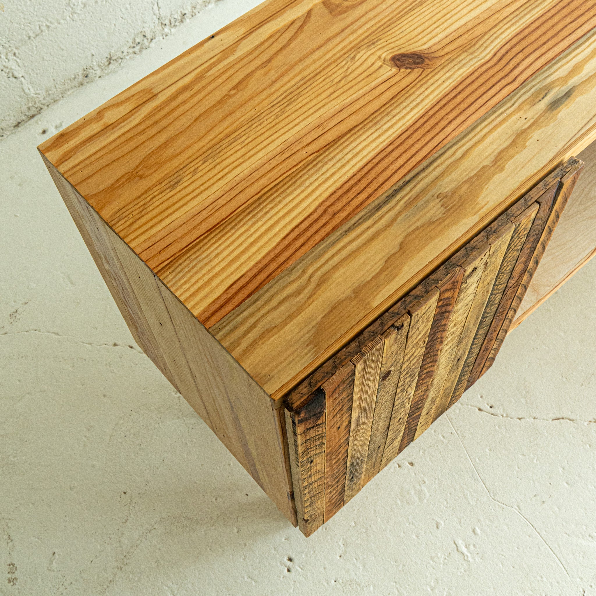 Pine Modern Lath Credenza Natural top View Reclaimed Wood