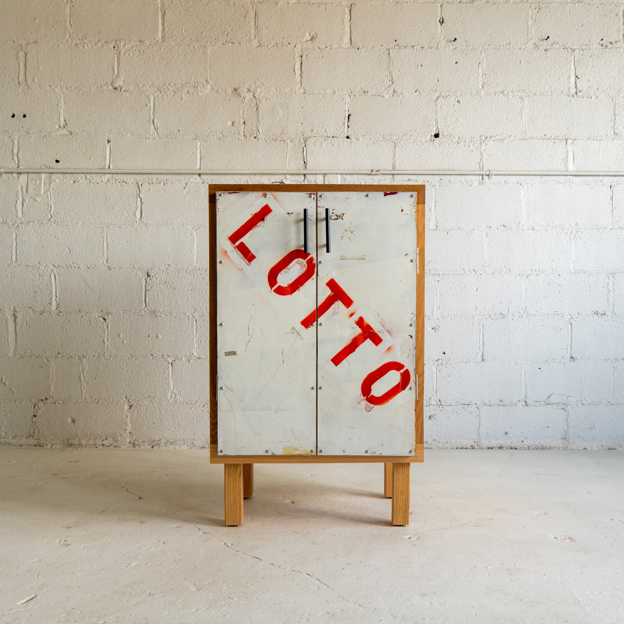 lotto cabinet front view reclaimed plywood