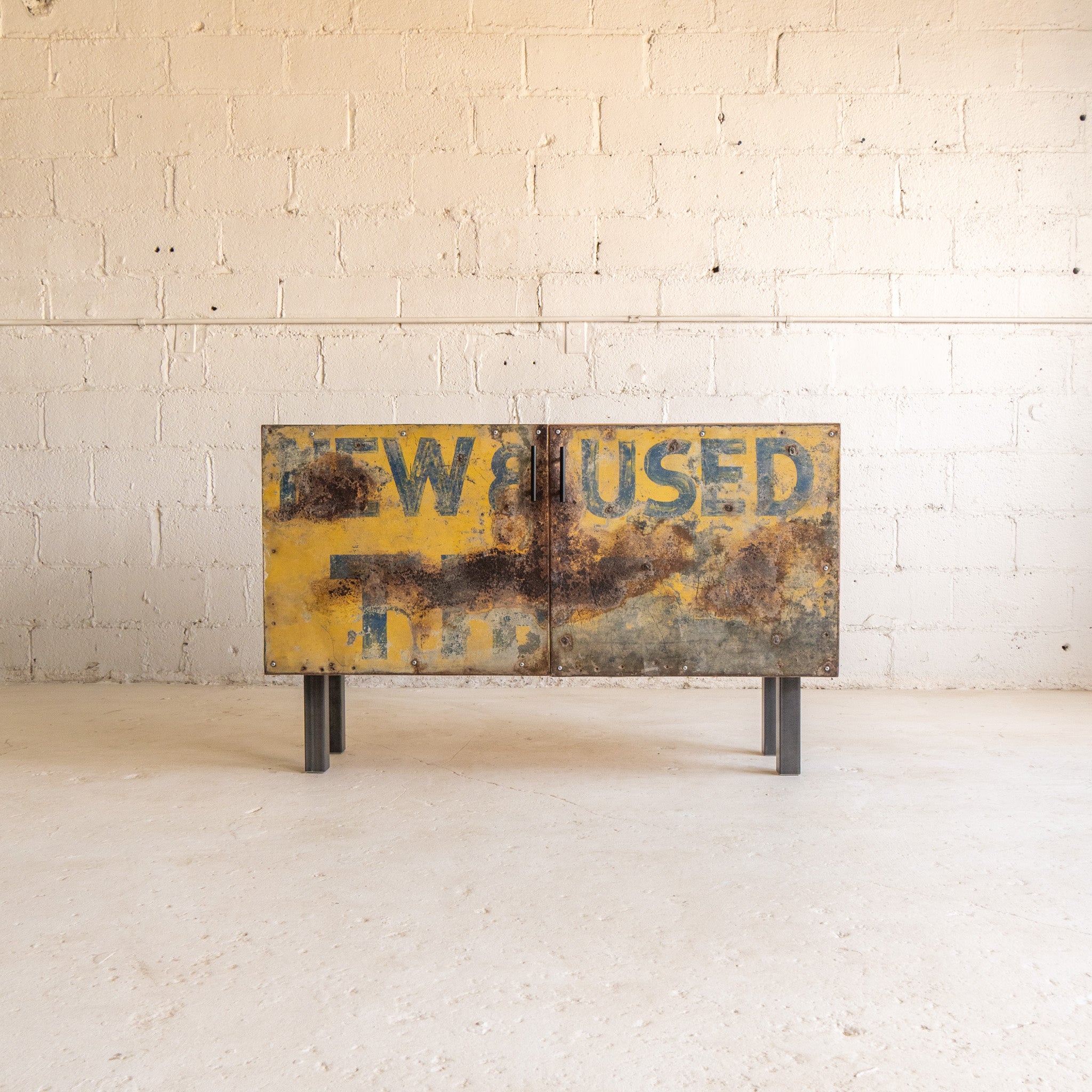 New and used credenza yellow and blue metal sign reclaimed wood metal legs