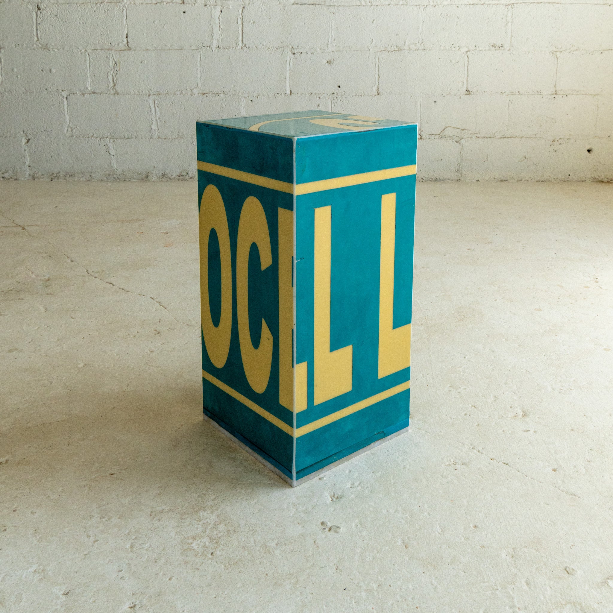 PS III end table no 9 sign view teal and yellow acrylic