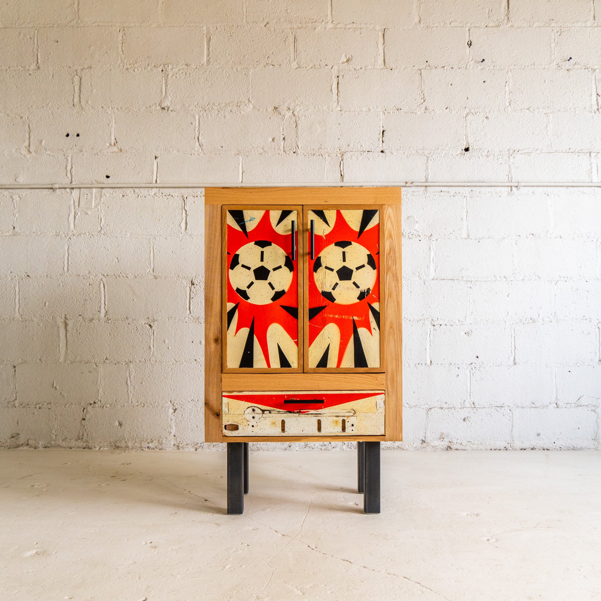 pinball cabinet front view reclaimed plywood