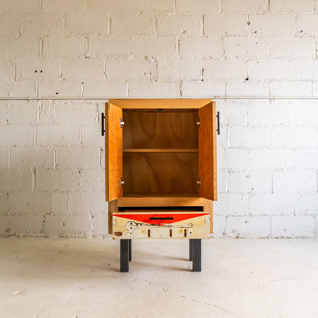 pinball cabinet interior view reclaimed plywood