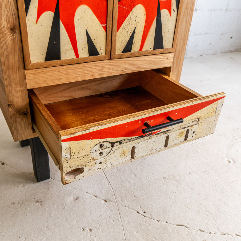 pinball cabinet drawer view reclaimed plywood