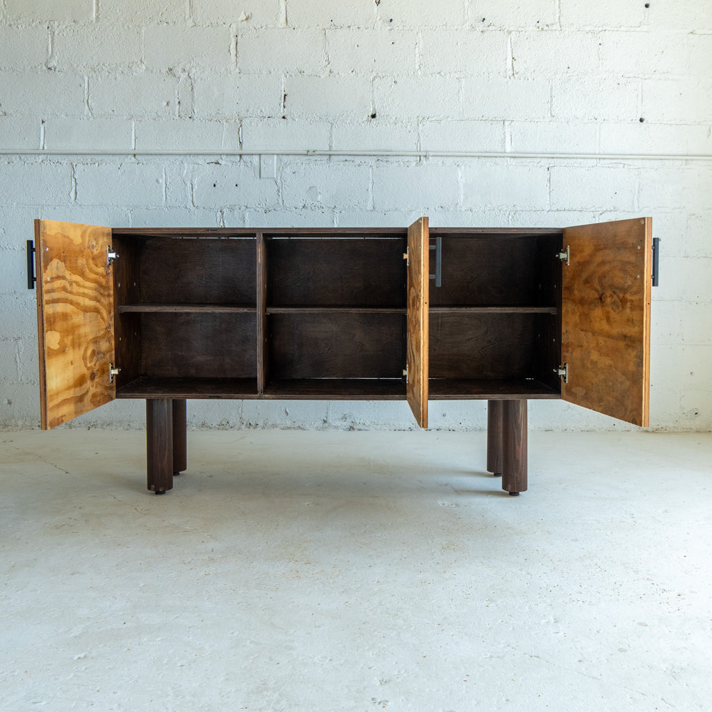 PS III train crossing credenza interior view reclaimed wood